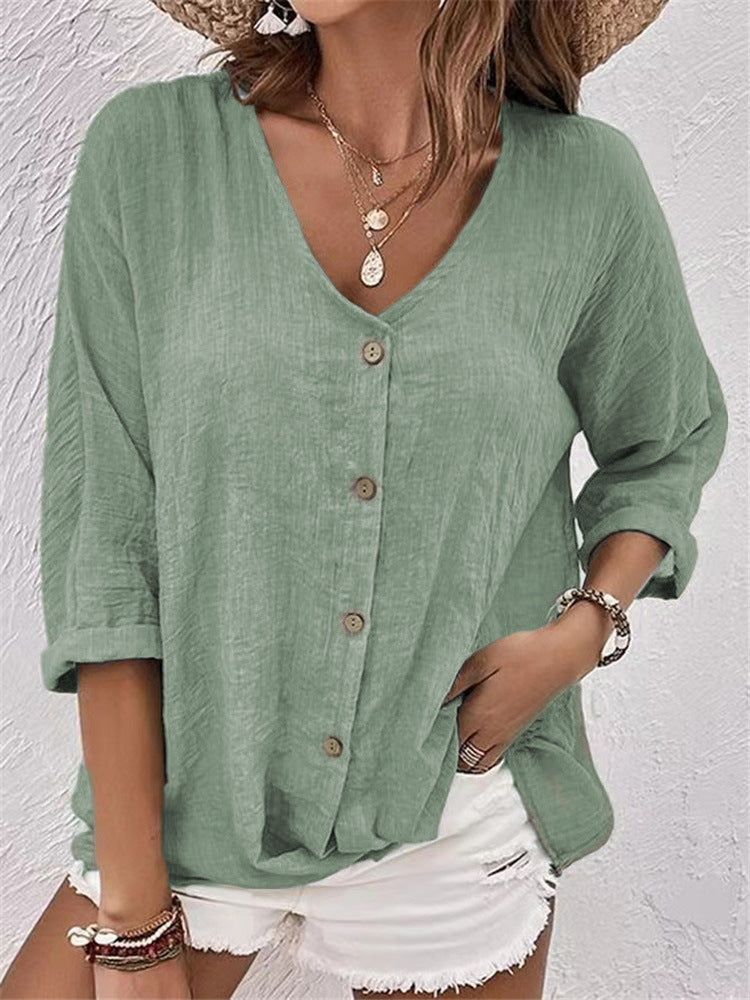 Damen lockere V-Ausschnitt Bluse im Leinenlook mit Knopfleiste und hochrollbaren Dreiviertelärmeln – Élovi