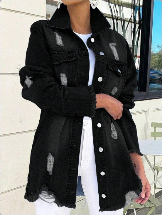 Damen Longline-Denimjacke mit Destroyed-Details und Fransenabschluss Echo Archiv