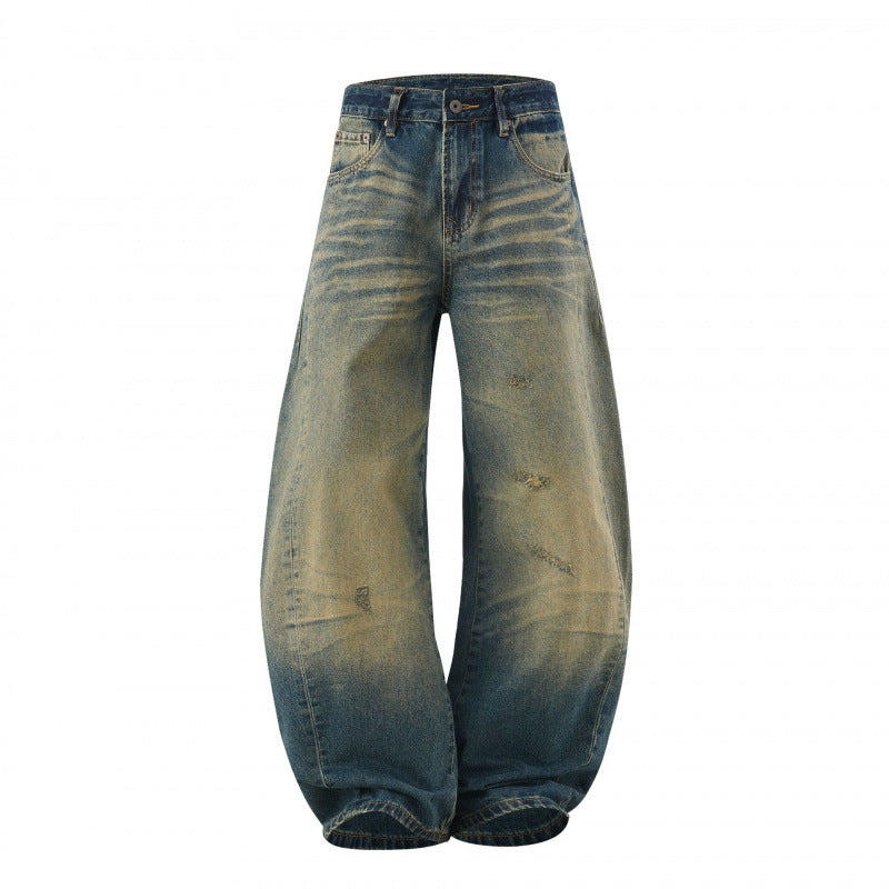 Damen Weite High-Waist Baggy-Jeans mit Used-Waschung und Distressed-Details Echo Archiv