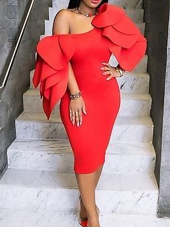 Damen Figurbetontes Kleid mit asymmetrischem Rüschen-Ausschnitt Echo Archiv
