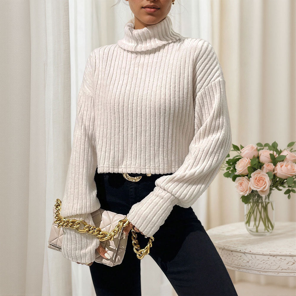 Damen geripptes Cropped‑Rollkragenpullover mit überschnittenen Schultern und voluminösen Ärmeln – Mavelle