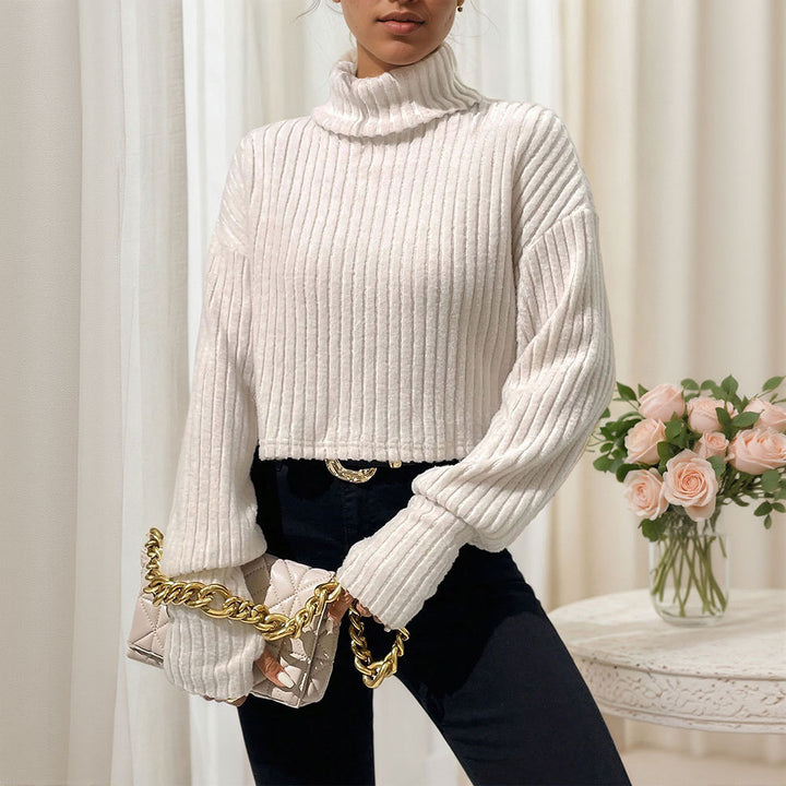 Damen geripptes Cropped‑Rollkragenpullover mit überschnittenen Schultern und voluminösen Ärmeln – Mavelle