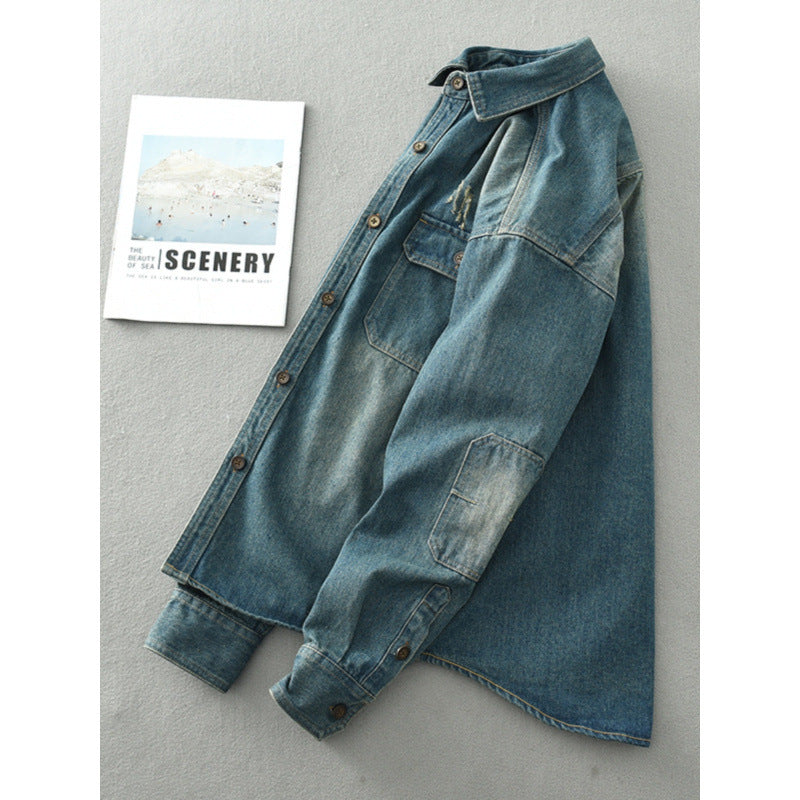 Herren Denim-Hemdjacke im Used-Look mit aufgesetzten Brusttaschen und Knopfleiste Echoarchiv