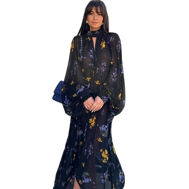 Damen Chiffon-Maxikleid mit Stehkragen, Keyhole-Ausschnitt & voluminösen Ballonärmeln Echoarchiv