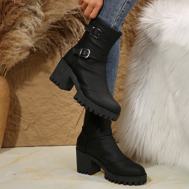 Damen nan klobige Biker-Ankleboots mit Profilsohle, dekorativen Doppelschnallen und seitlichem Reißverschluss Echo Archiv