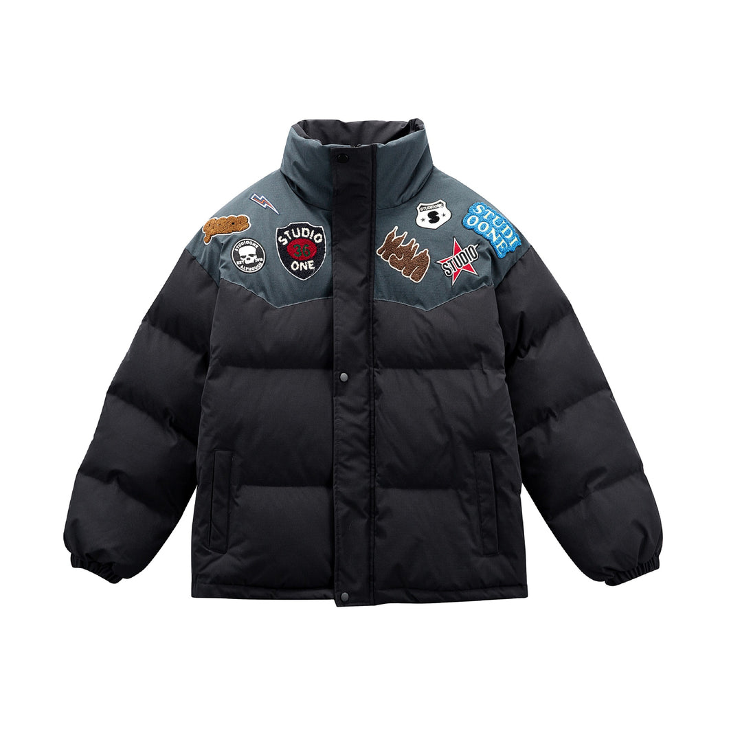Unisex Wattierte Pufferjacke mit gestickten Patch‑Applikationen Echoarchiv