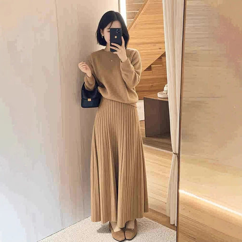 Damen Oversize-Strickpullover und plissierter Maxi-Rock Set Echoarchiv