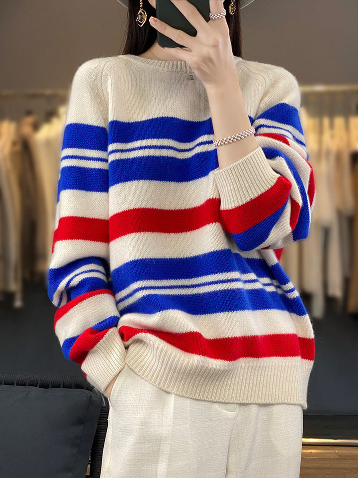 Damen Oversize-Streifenpullover aus weichem Wollmix mit maritimer Blockstreifen und Rundhals Echoarchiv