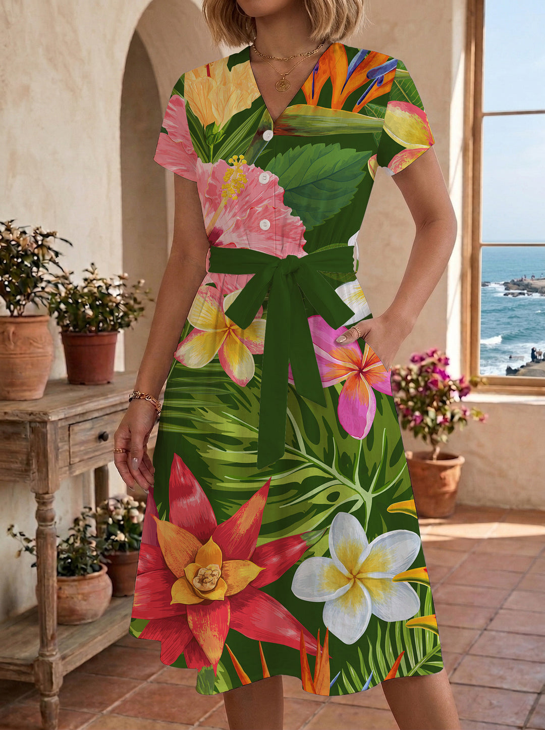 Damen Midikleid mit floralem Motiv und Taillengürtel Echo Archiv