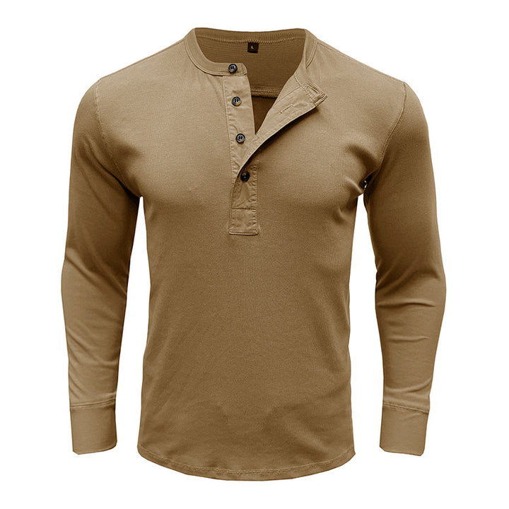 Herren Langarm-Henley-Shirt mit modischem Knopfdesign und strukturierter Oberfläche Echoarchiv