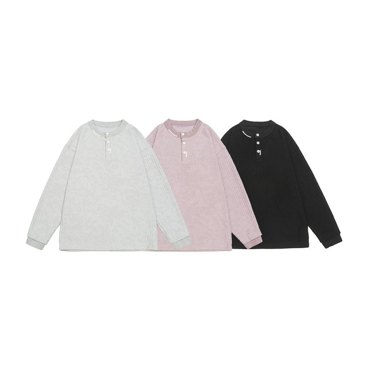 Unisex Gerippter Oversize-Henley-Pullover mit Knopfleiste Echoarchiv