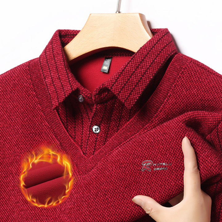 Herren eleganter V-Pullover mit strukturierten Ärmeln und klassischem Hemdkragen Echoarchiv