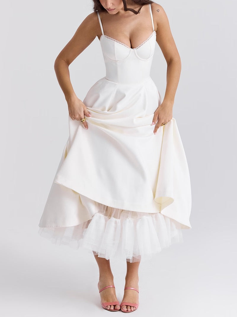 Damen nan tailliertes retro-inspiriertes Midikleid mit Korsage Unterbrustnähten Tellerrock und Eingrifftaschen Echo Archiv