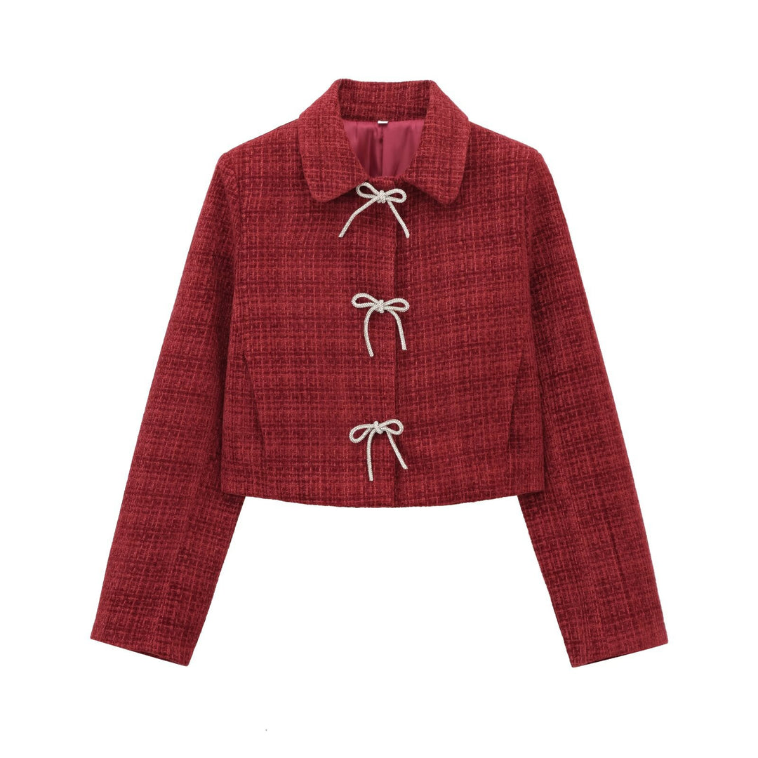 Damen Kurze Bouclé‑Tweed‑Jacke mit Peter‑Pan‑Kragen und dekorativen Schleifenverschlüssen Echo Archiv