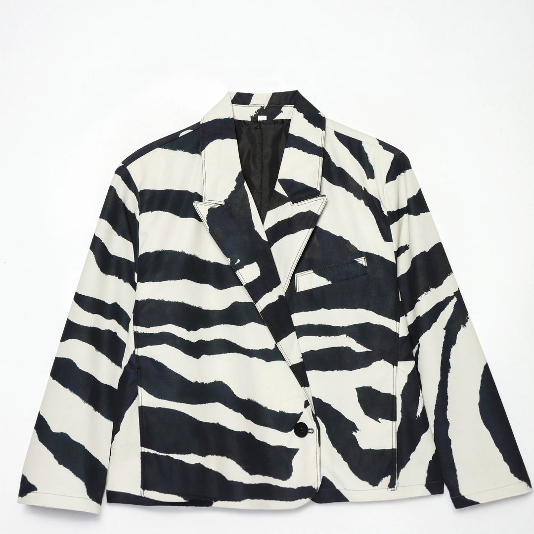 Damen nan oversized Zebra-Print Blazer mit Schalkragen, Ein-Knopf-Verschluss und aufgesetzten Pattentaschen Echo Archiv