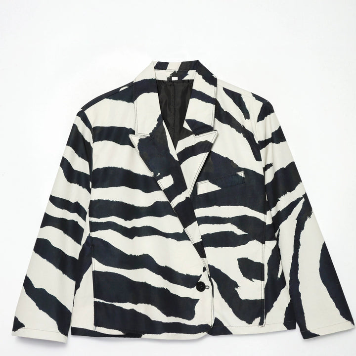 Damen nan oversized Zebra-Print Blazer mit Schalkragen, Ein-Knopf-Verschluss und aufgesetzten Pattentaschen Echo Archiv