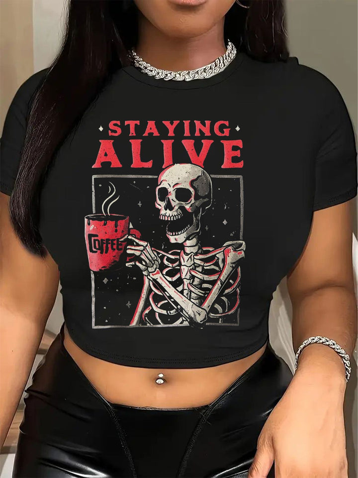 Damen Crop-T-Shirt mit kreativem Skelettdesign und inspirierendem Schriftzug Echo Archiv