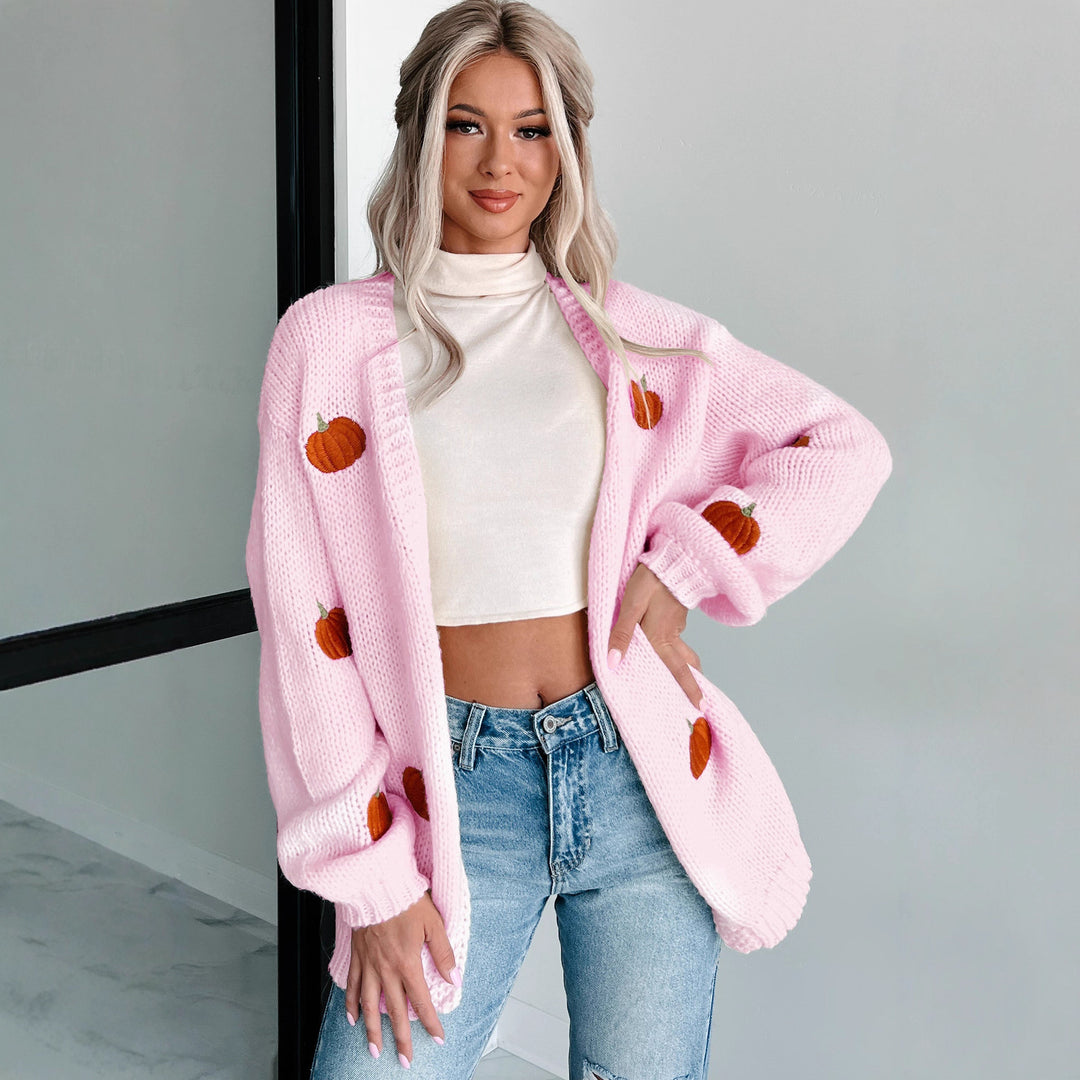 Damen Kuscheliger Oversize-Strickcardigan mit Kürbis‑Stickerei Echoarchiv