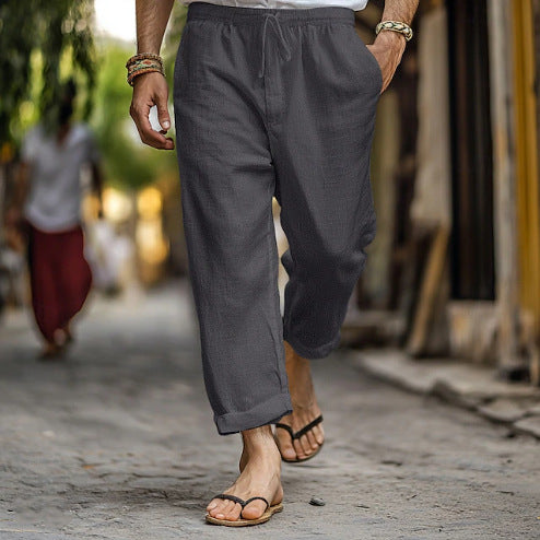Herren lässige Leinen-Joggerhose mit elastischem Tunnelzugbund, seitlichen Eingrifftaschen und aufrollbarem Saum – Sorevano
