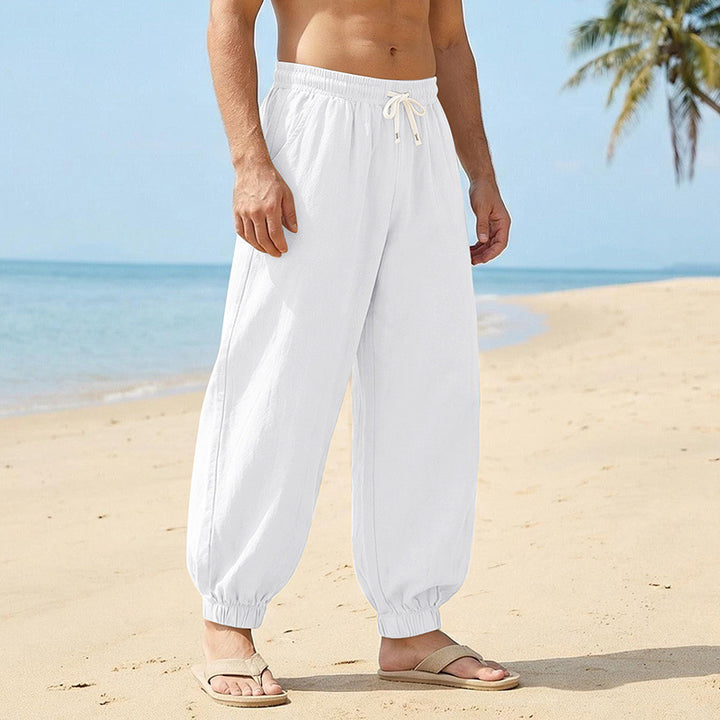 Herren Weite Leinenoptik-Strandhose mit Kordelzug, elastischem Bund und gerafften Beinabschlüssen – Sorevano
