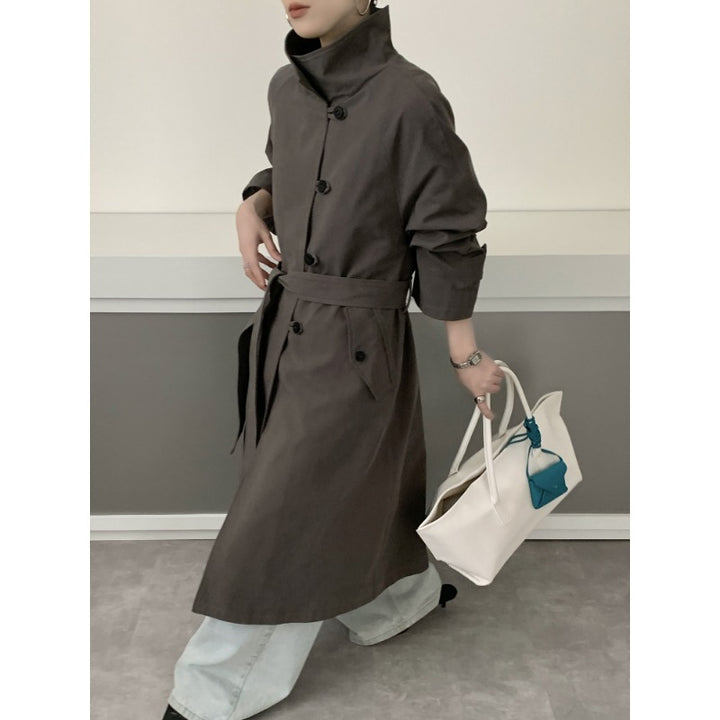 Damen Midilanger Trenchcoat mit hohem Stehkragen, Bindegürtel und lässiger Oversize-Silhouette Echoarchiv