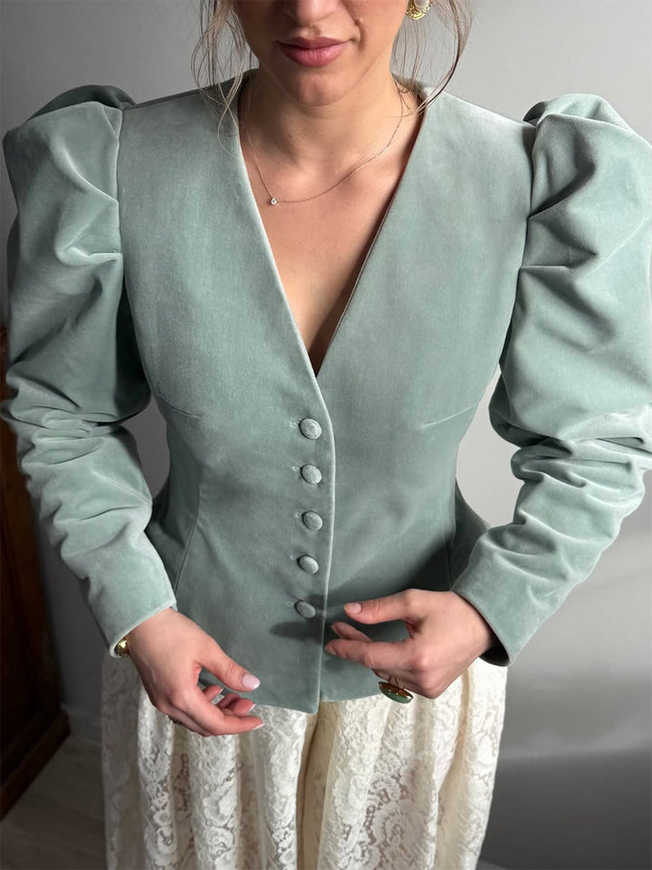 Damen Taillierter Samtblazer mit betonter Taille, V-Ausschnitt und voluminösen Puffärmeln Echoarchiv