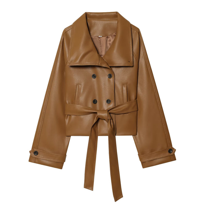 Damen Kurz geschnittener Kunstleder-Trenchcoat mit übergroßem Revers, doppelreihiger Knopfleiste und Bindegürtel Echo Archiv