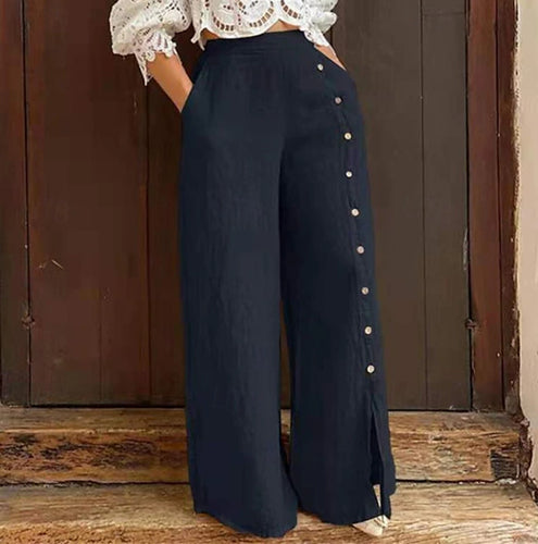 Damen nan hochgeschnittene Leinenhose mit seitlicher Zierknopfleiste, Eingrifftaschen und weitem Beinschnitt Echo Archiv