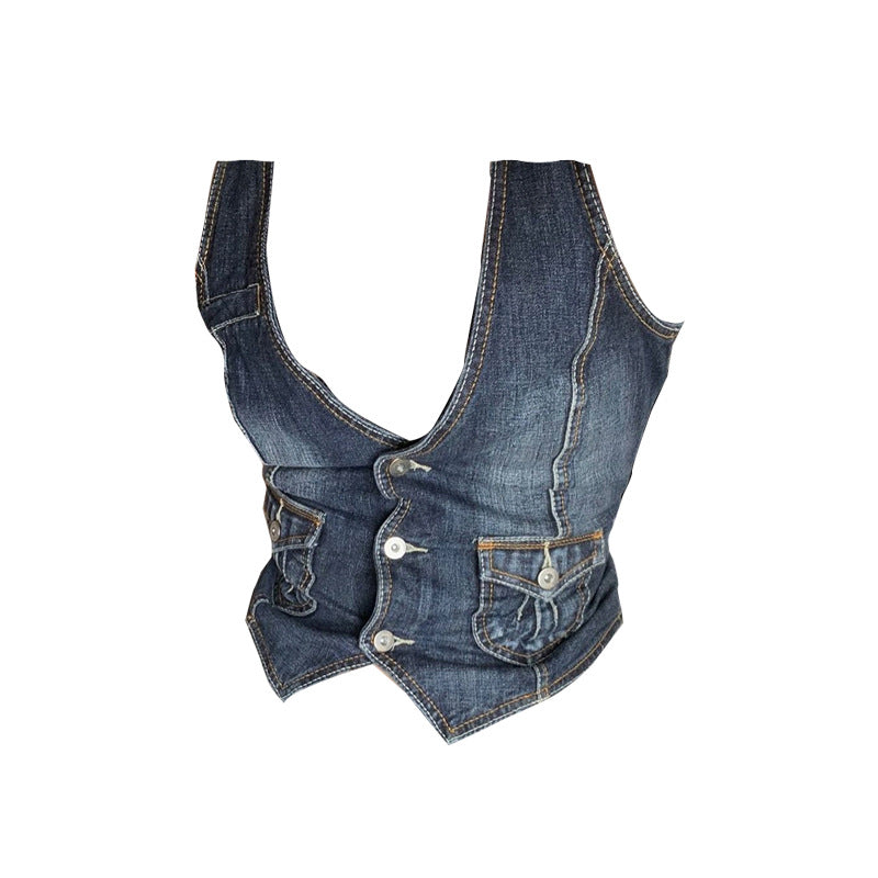 Damen Denim-Bustierjacke mit nostalgischem Spitzeneinsatz und dekorativen Knopfdetails Echo Archiv