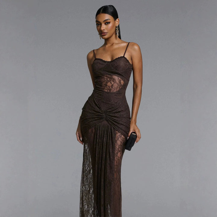Damen Elegantes Spitzenmaxikleid mit raffinierter Drapierung Echo Archiv
