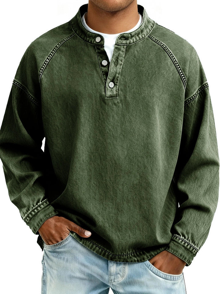 Herren verwaschenes Henley-Shirt mit Stehkragen, lockerer Passform und Knopfleiste – Marzano