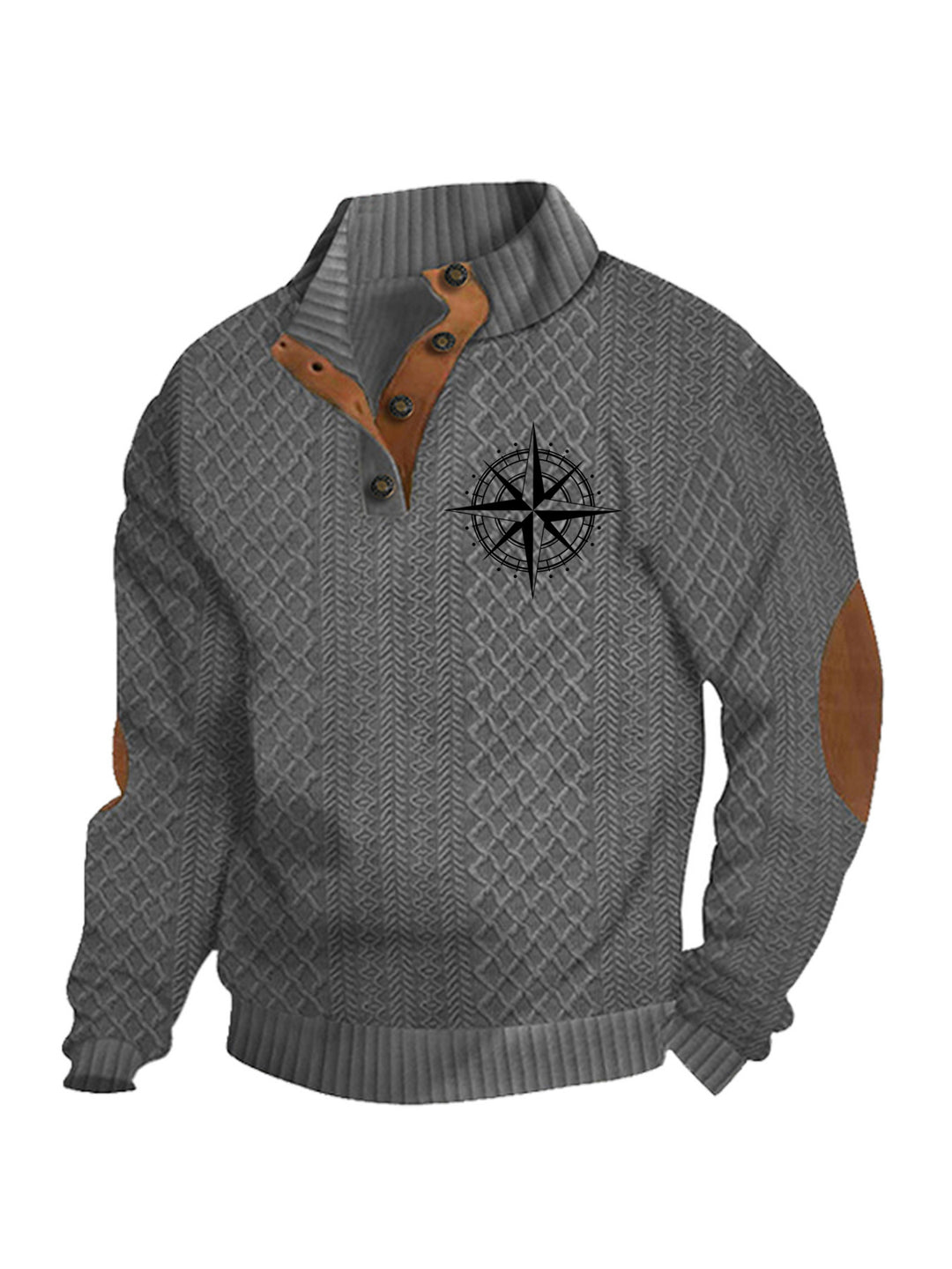 Herren nan Heritage-Strukturpullover mit Stehkragen Lederimitat-Besatz Ellenbogen-Patches und Halbknopfleiste Echo Archiv