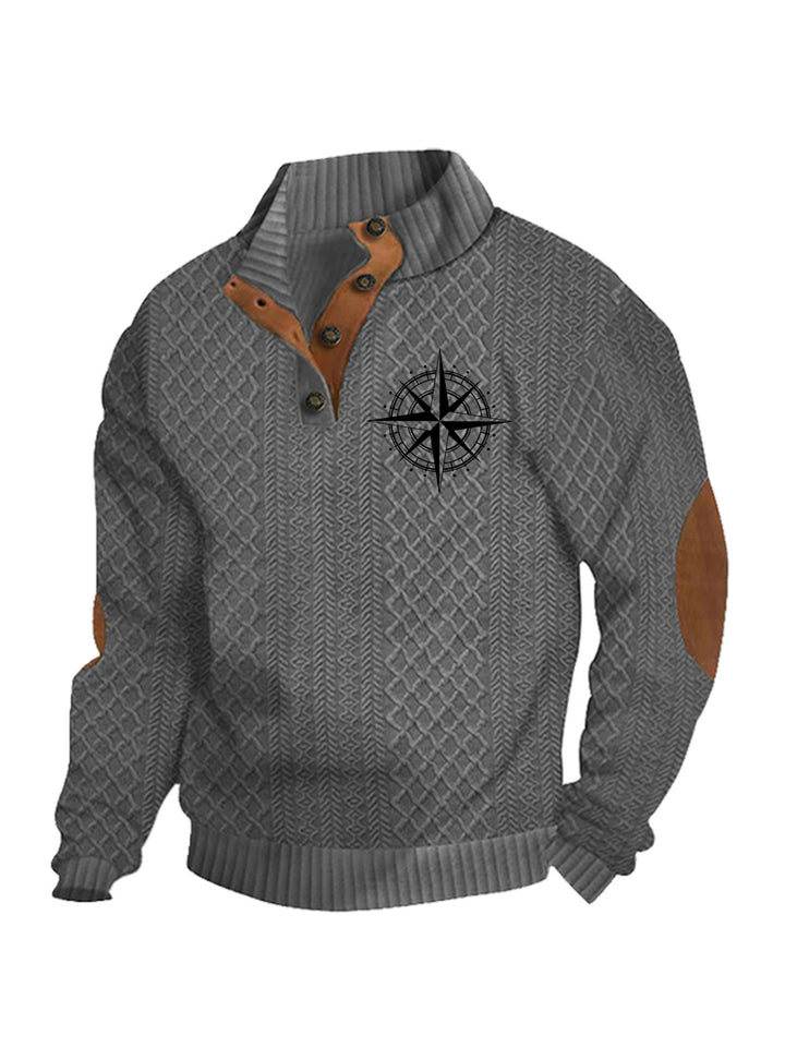 Herren nan Heritage-Strukturpullover mit Stehkragen Lederimitat-Besatz Ellenbogen-Patches und Halbknopfleiste Echo Archiv