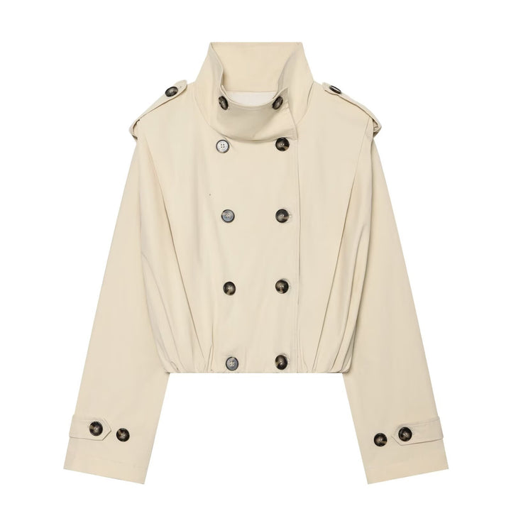 Damen Cropped Doppelreihiger Trench‑Blouson mit hohem Stehkragen, Schulterklappen und elastischem Saum Echo Archiv