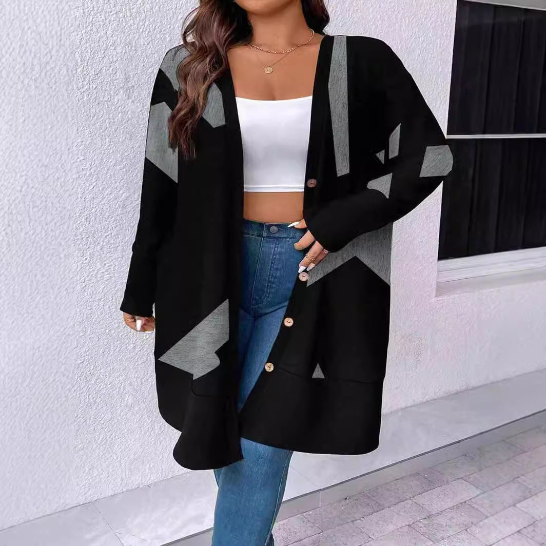 Damen Oversize Strickcardigan mit geometrischem Muster, Knopfverschluss und aufgesetzten Taschen – Veloura