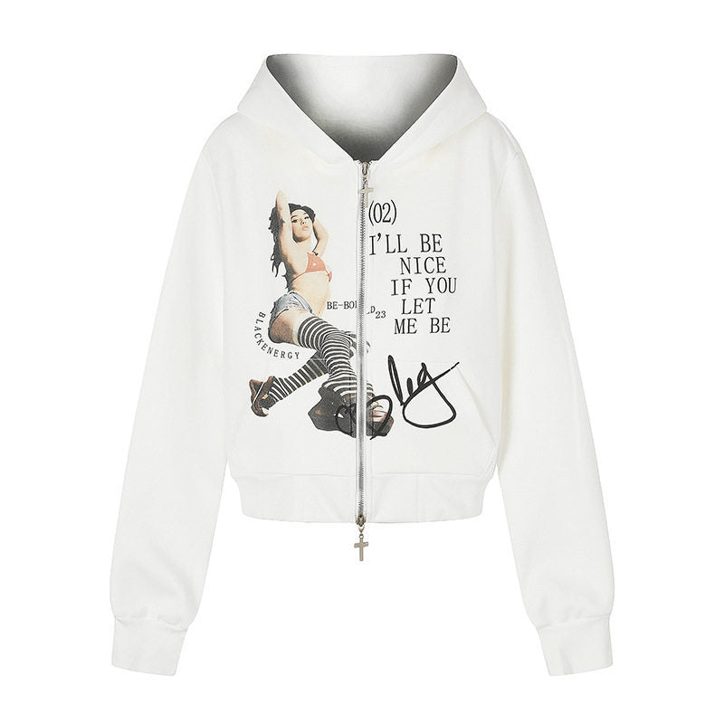 Damen Kapuzen-Sweatjacke mit Fotoprint, kurzem Cropped-Schnitt und Kreuz-Zipper Echoarchiv