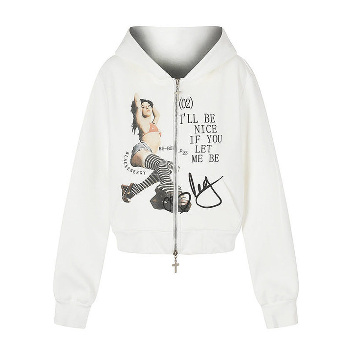 Damen Kapuzen-Sweatjacke mit Fotoprint, kurzem Cropped-Schnitt und Kreuz-Zipper Echoarchiv