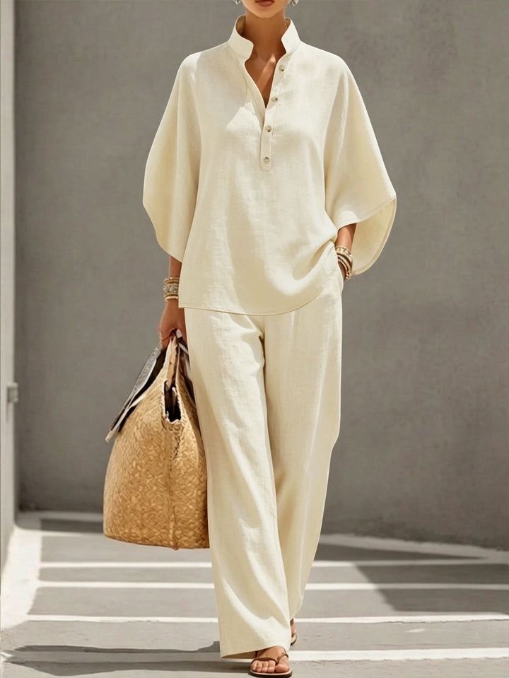 Damen Leichtes Jersey-Set mit Oversize-Henleybluse, Kimonoärmeln und weiter Bundhose – Élanora