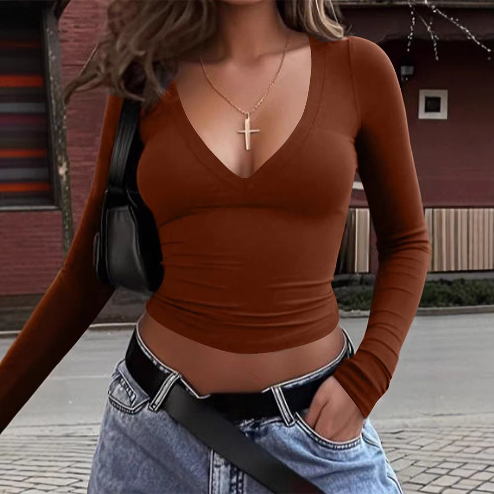 Damen cropped Langarmshirt mit V-Ausschnitt und elastischem Material Echo Archiv