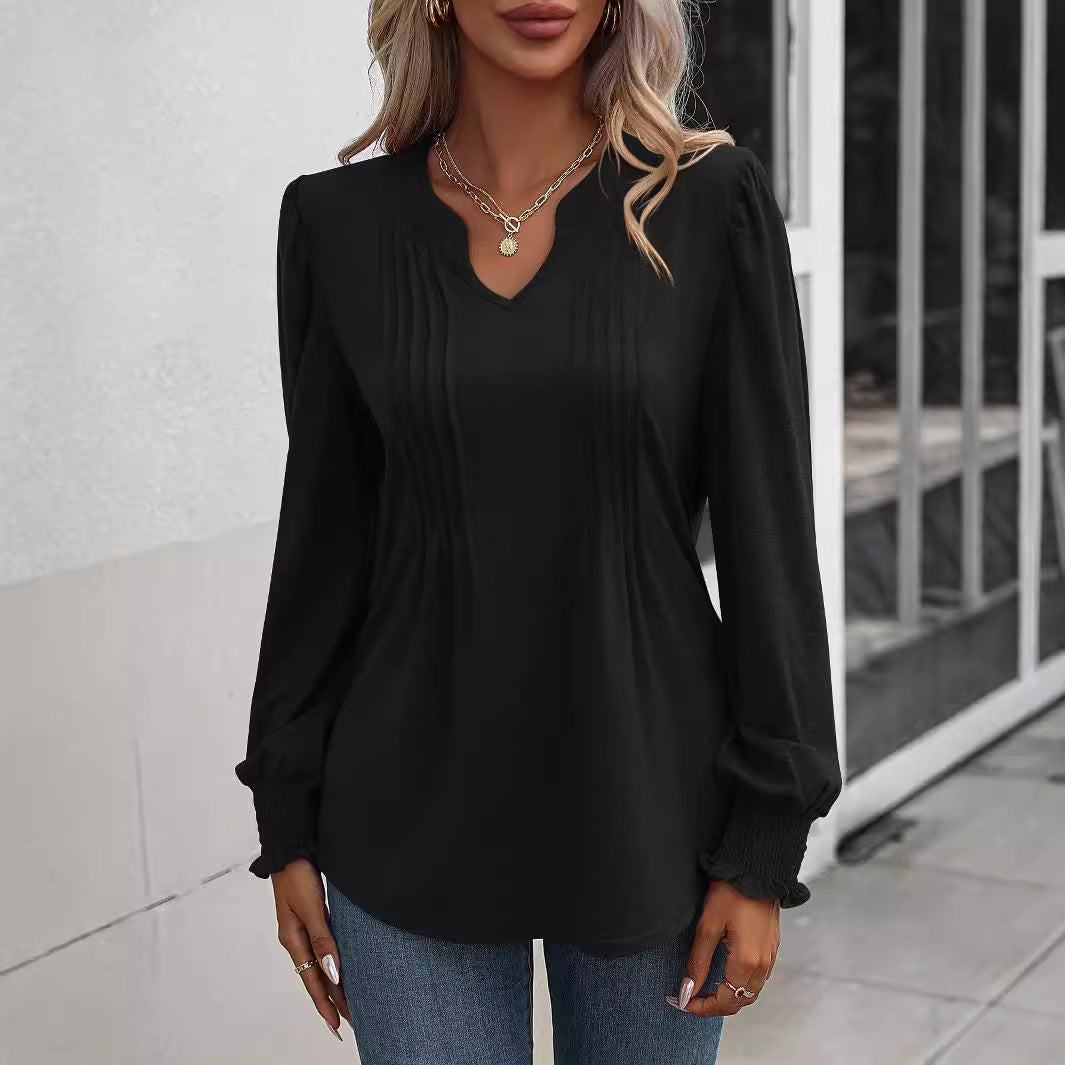Damen nan Langarmshirt mit V-Ausschnitt, dekorativen Kellerfalten vorn und elastischen Smokbündchen Echo Archiv