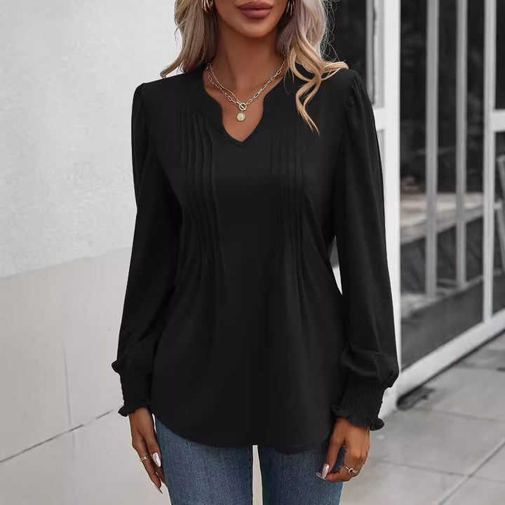 Damen nan Langarmshirt mit V-Ausschnitt, dekorativen Kellerfalten vorn und elastischen Smokbündchen Echo Archiv