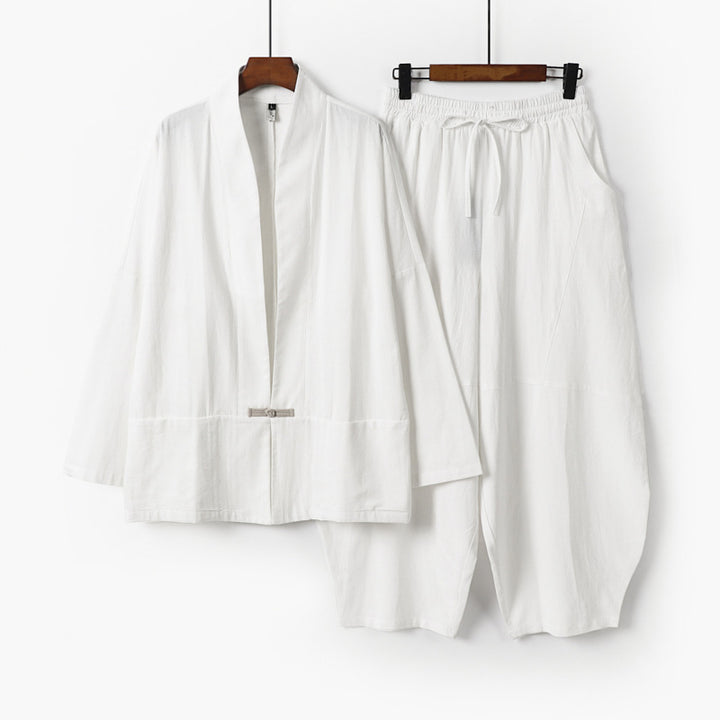 Herren Kimono-Loungewear-Set mit kurzem Schalkragen und weiten Harem-Bundhosen Echoarchiv