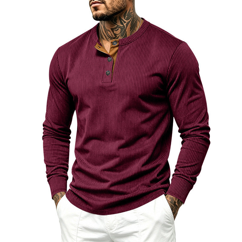 Herren Geripptes Henley-Langarmshirt aus Feinstrick mit Stehkragen und Knopfleiste – Norvane
