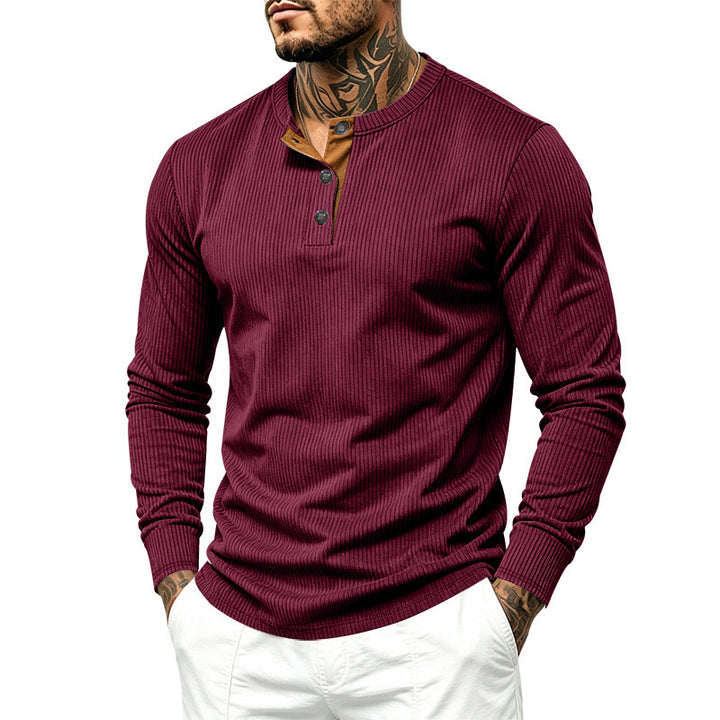 Herren Geripptes Henley-Langarmshirt aus Feinstrick mit Stehkragen und Knopfleiste – Norvane