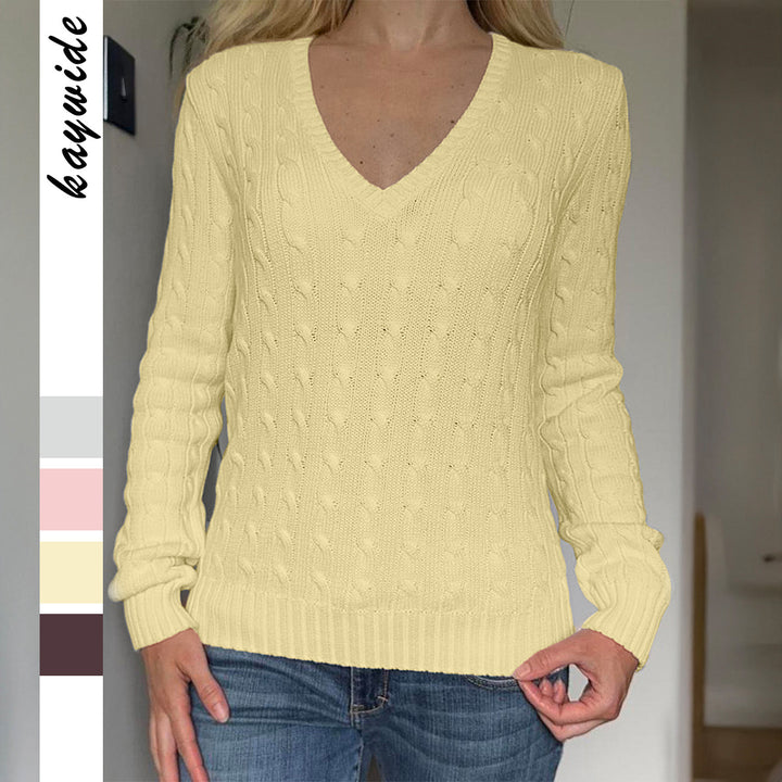 Damen Premium-Baumwollmix Zopfstrickpullover mit tiefem V-Ausschnitt und taillierter Silhouette – Mavelle