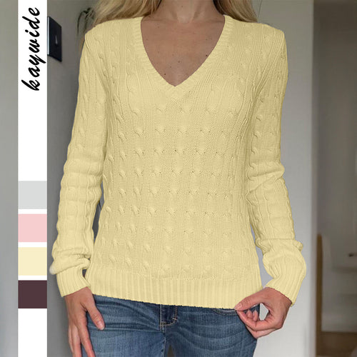 Damen Premium-Baumwollmix Zopfstrickpullover mit tiefem V-Ausschnitt und taillierter Silhouette – Mavelle