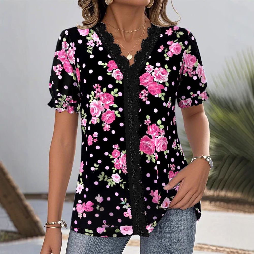 Damen nan florale V-Ausschnitt-Bluse mit dekorativer Spitzenblende und gerafften Kurzärmeln Echo Archiv