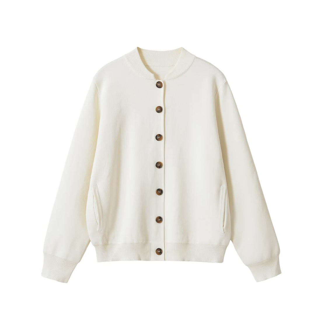 Damen Boxy-Strickjacke mit Stehkragen, Hornoptik-Knopfleiste und Eingrifftaschen Echoarchiv