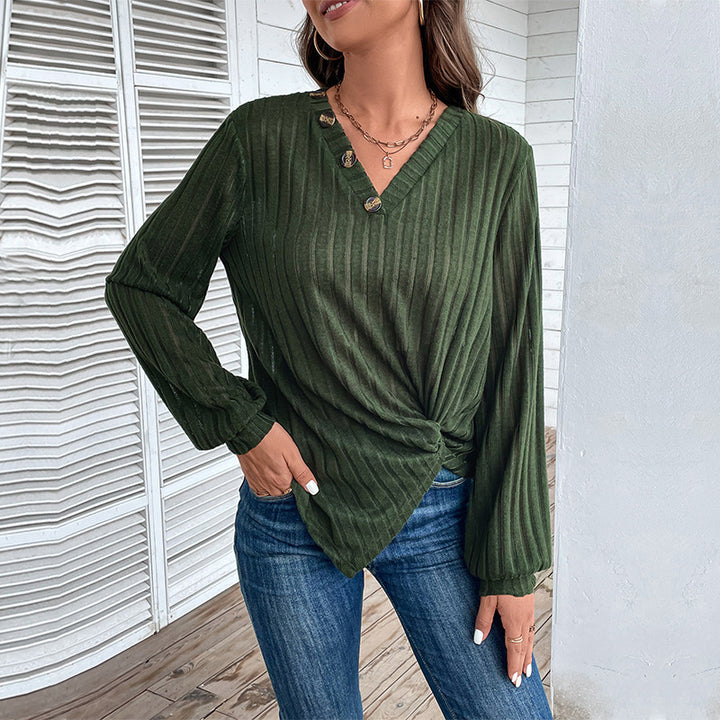 Damen Geripptes V-Ausschnitt Langarmshirt mit Twist-Knoten und Zierknöpfen Echoarchiv