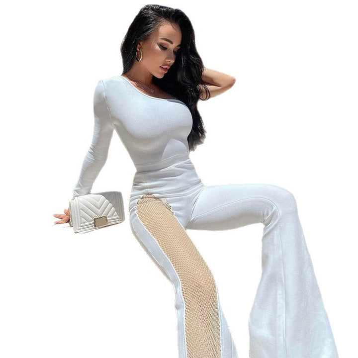 Damen figurbetontes Jumpsuit mit asymmetrischem Ausschnitt und netzseitigen Einsätzen Echo Archiv